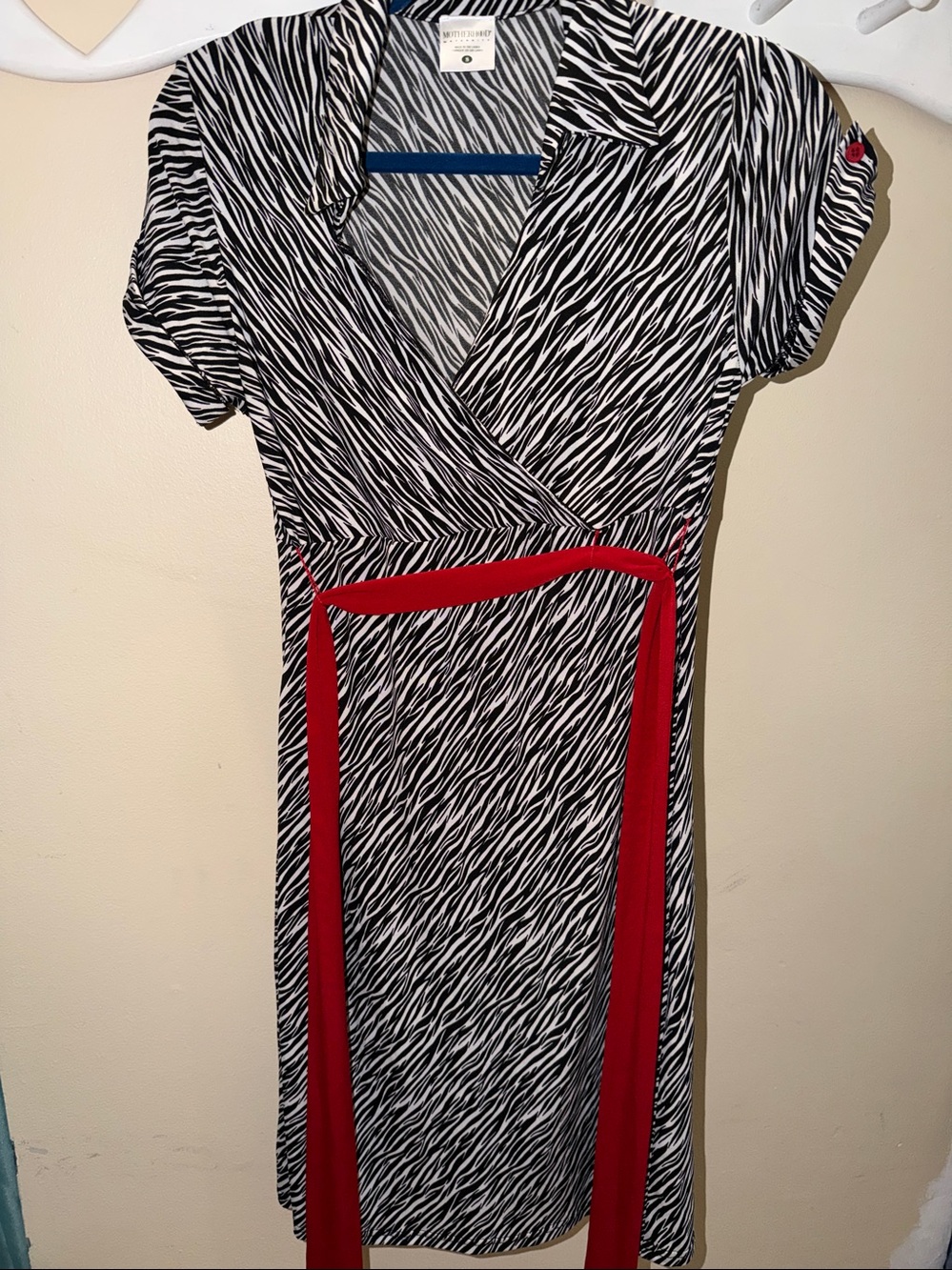 Motherhood Black & White Zebra Midi Dress with Red Trim